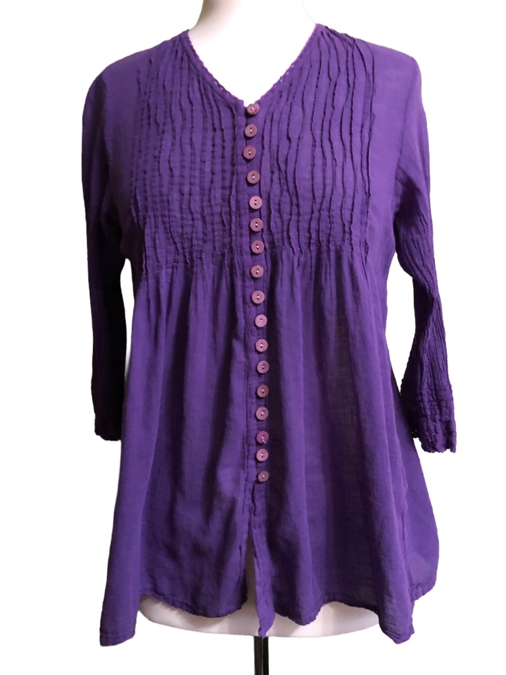 Bloom in Sun + Japan Purple Micro-Pleated Boho Button Up Blouse M